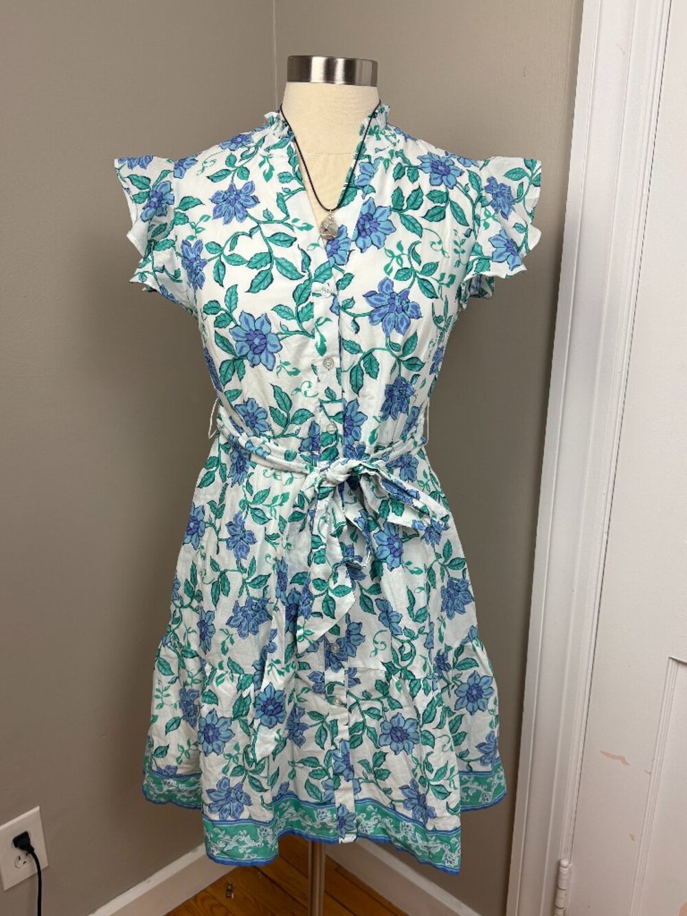Calypso St. Barth Blue Green Floral A-Line Flutter Sleeve Dress Size 4